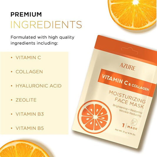 Azure Cosmetics Vitamin C & Collagen Moisturizing Facial Sheet Mask- Anti Aging, Deeply Moisturizing & Firming - Improves Elasticity - Skin Care Made in Korea - Pack of 5