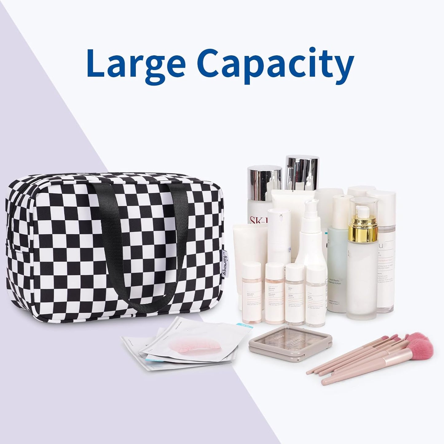 Narwey Large Toiletry Bag Women Cosmetic Bag Travel Makeup Bag Organizer Medicine Bag for Toiletries Essentials Accessories (Black Checkerboard, Large)