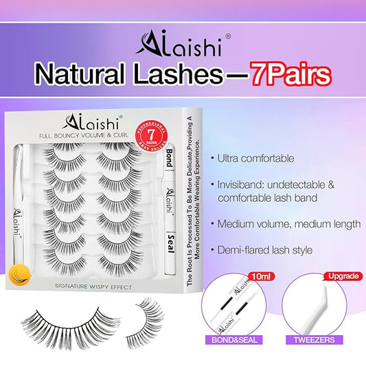 Wispy False Eyelashes Kit With Bond, Seal and Tweezer, 7 Pairs Natural Look Fake Cat Eye Lashes Strips Thin Band Extensions Waterproof Easy Eyelashes for Beginners DF1