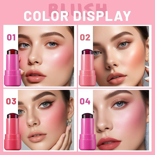 4 Pcs Jelly Blush Stick,Sheer Lip & Cheek Stain Makeup Cooling Water Jelly Tint, Multiple Use Long Lasting Jelly Texture Non-Stick Blush for Cheeks, Pigmented Waterproof Makeup Blush