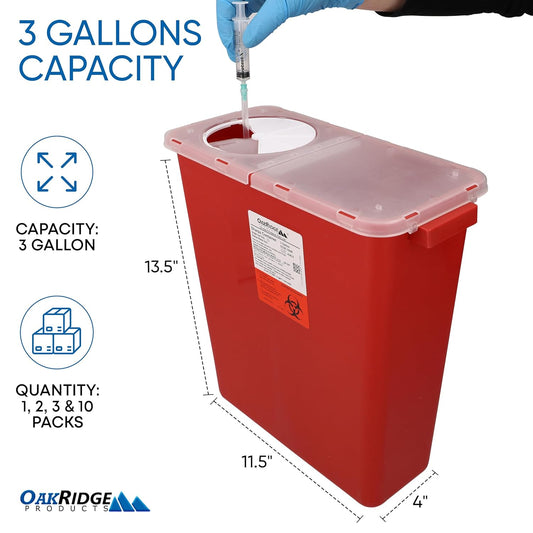 Oakridge Products Large Sharps Container for Home Use and Professional 3 Gallon (3-Pack) with Rotating lid, Biohazard Needle and Syringe Disposal, CDC Certified