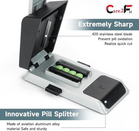 Auto Centering Pill Cutter Device, Pill Splitter Made of Aviation Aluminum Alloy with 402 Stainless Blade, Anti Cut Design,Ergonomic Operation Control,Designed in The USA (Silvery)
