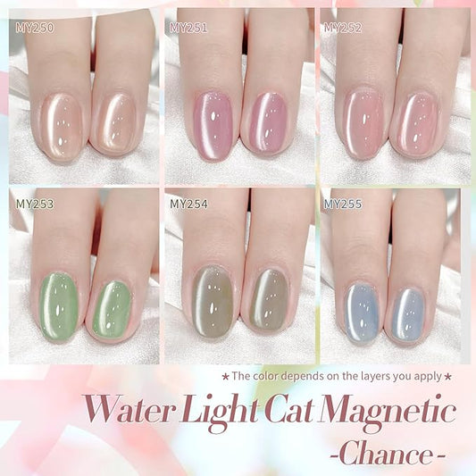 Born Pretty Pastel Magnetic Gel Nail Polish,Water Light Cat Magnetic Eye Gel Jelly Glass Crystal Nail Polish Glitter Shimmer Auroras Magnetic Gel Nail Art Manicure Kit 6PCS