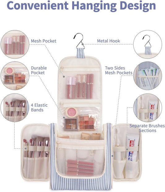 Narwey Striped Hanging Travel Toiletry Bag for Women, Travel Bag for Toiletries, Makeup Bag Organizer Cosmetic Bags Make Up Bags for Women (Greyish Blue Stripe)