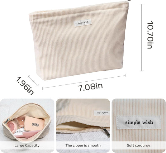 Wudygirl Travel Makeup Bag Large Capacity Cosmetic Bag for Women Corduroy Toiletry Bag Handbags Purses Zipper Pouch(Beige)