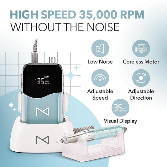 M Mase- Professional Nail Drill Machine - Coreless 2-in-1 Nail File - Electric, Cordless, 35000 RPM, HD Display - Electric Nail Drill for Professional & Home Use (Teal)
