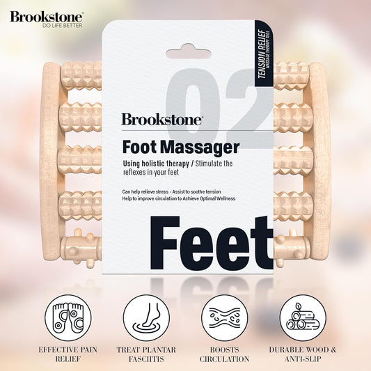 Brookstone Wooden Foot Roller Massager - Deep Tissue Reflexology & Trigger Point Therapy for Plantar Fasciitis, Arch & Heel Pain Relief - Portable Manual Massager, Ideal Gift for Home or Travel