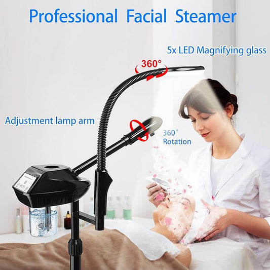 Professional Facial Steamer on Wheels, 2-in-1 Facial Steamers with 5X Magnifying Lamp, Facial Steamer for Facial Deep Cleaning, Facial Humidifier for Spa, Salon and at Home Use