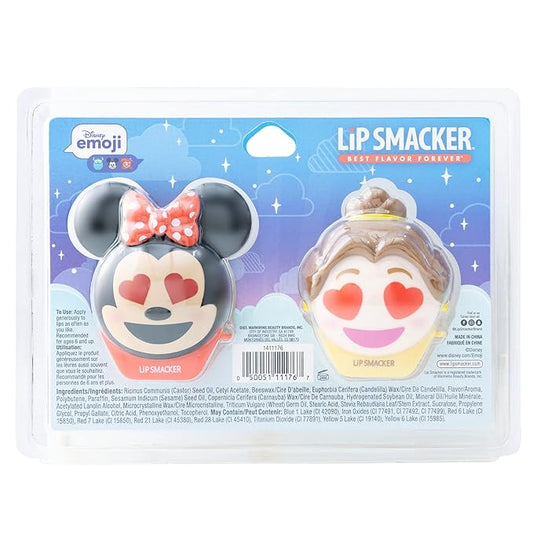 Lip Smacker Disney Minnie Mouse and Beauty And The Beast Belle Emoji Lip Balm Duo, Flavored Strawberry Lemonade, Bow-nade, 2 Pack
