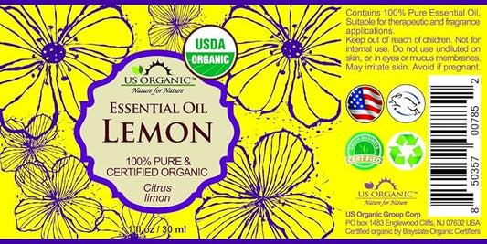 US Organic 100% Pure Lemon Essential Oil - USDA Certified Organic, Cold Pressed - W/Euro droppers (More Size Variations Available) (30 ml)
