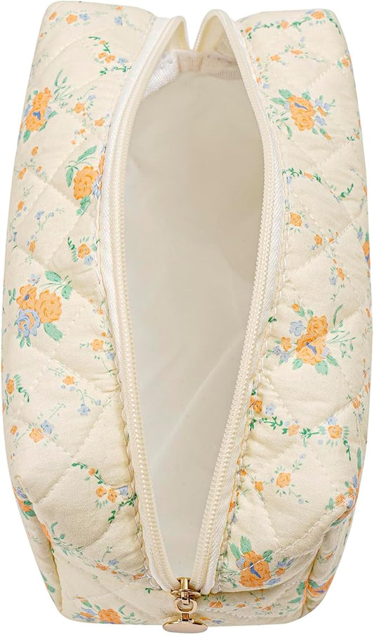 Makeup Bag Travel Cosmetic Bag for Women Girls, Zipper Make Up Pouch, Floral Flowers Toiletry Organizer Makeup, Portable Storage Bag, Cosmetic Travel Cloth Bag (Yellow Orange Flower)