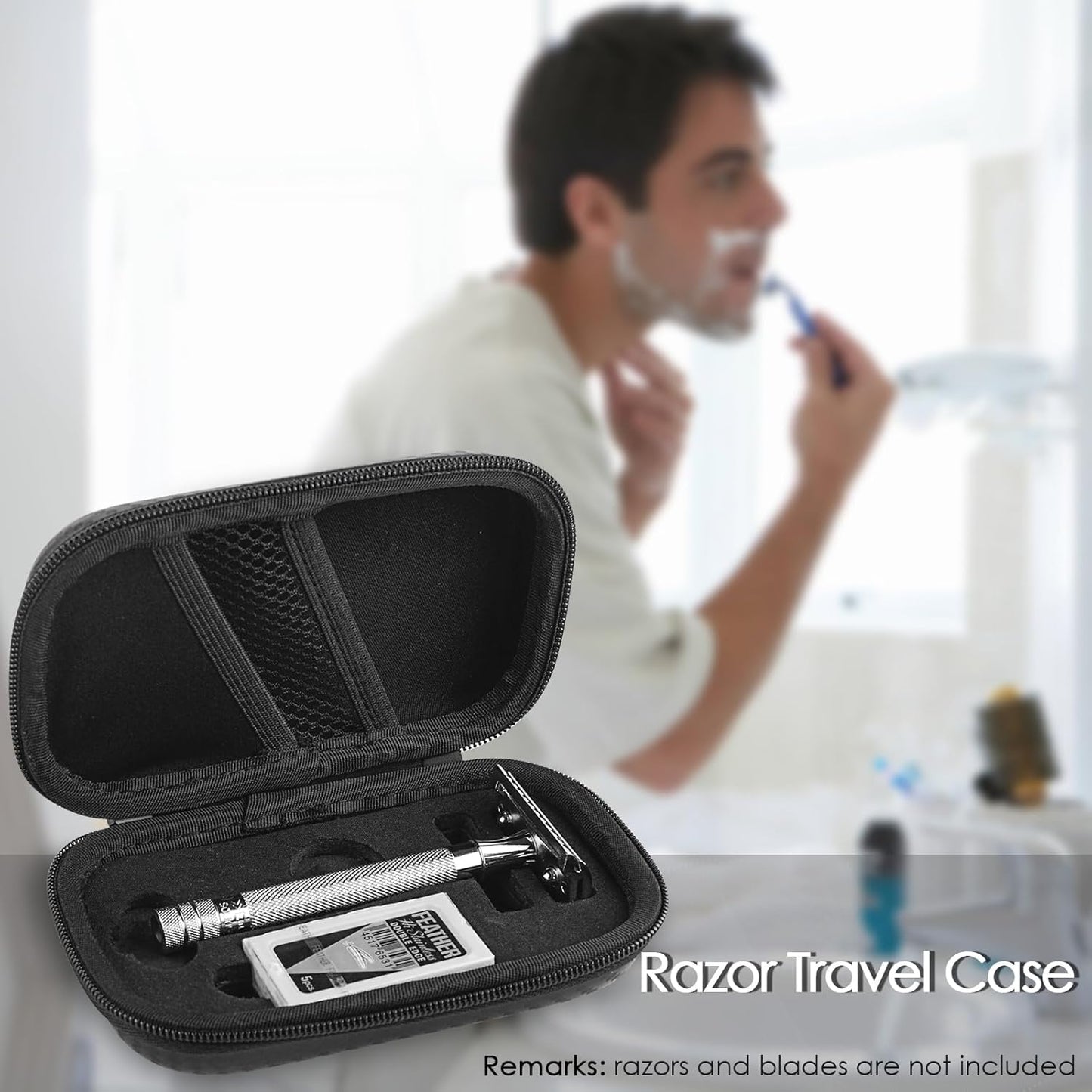 Linkidea Durable Hard Shell Shaving Travel Case, Storage Box for Short/Long Handled Razor Blades & Accessories, Compatible with Merkur, Vikings, WEISHI Double Edge Safety Razors (Black)