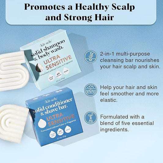 Kitsch 2-in-1 Ultra Sensitive Shampoo Bar & Body Wash + Conditioner Bar & Shaving Soap – Fragrance-Free Bar Soap for Sensitive Skin & Scalp - For Healthy, Radiant Hair and Skin - Made in USA – 2pcs