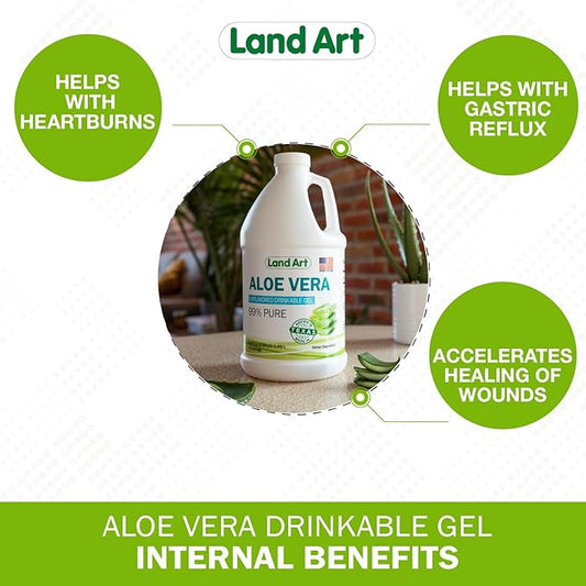 Land Art - Organic Aloe Vera Drinkable Gel for Heartburn & Acid Reflux Relief - 99.7% Pure - Cold-Processed - Improves Digestive Health - Soothing and Natural - Vegan & Gluten-Free - 64 fl oz