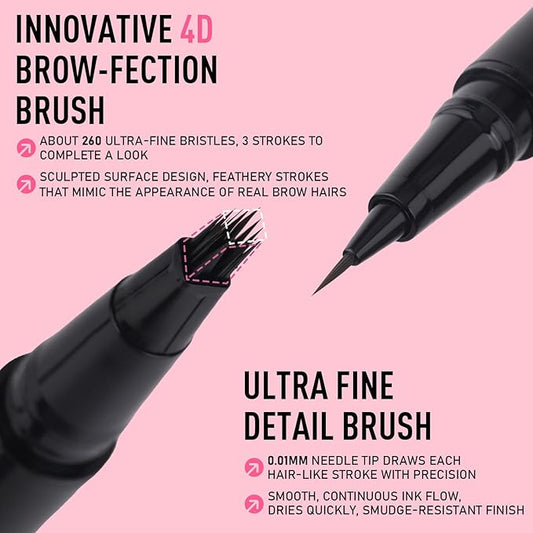 Dual Ended Microblading Eyebrow Pen - 2 in 1 Liquid Eyebrow Pencil with Brow-Fection Angled Brush & Precise Detail Brush-Tip, Shapes & Fills Hair-Like Looking Brows, Lasts All-Day, Dark Brown