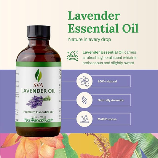 SVA Lavender Essential Oil – 4 Fl Oz – 100% Natural Lavender Oil - for Diffuser, Hair Care, Face, Skin Care, Aromatherapy, Scalp and Body Massage, Soap and Candle Making – with Dropper