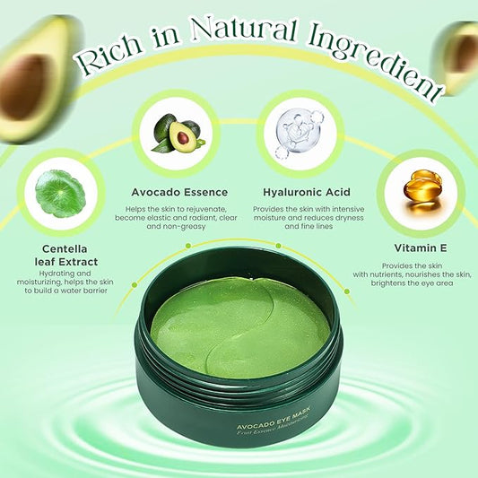60 Pack Avocado Extract Eye Masks,Hyaluronic Acid Augenpads,Moisturising Eye Mask,Remove Dark Circles,Tear Bags,Wrinkles,Puffiness,Suitable for All Skin Types