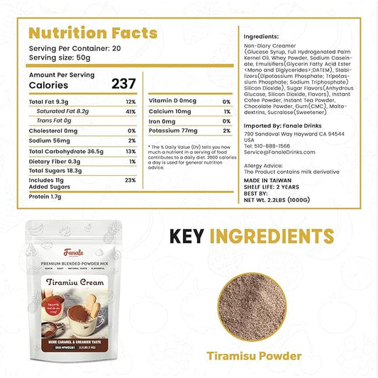 Fanale Premium Tiramisu Bubble Tea Flavoring Powder | Perfect for Baking, Smoothies, Desserts and Drinks | Instant Flavoring Powder for Boba Milk Tea- 2.2 Pounds (Pack of 20).