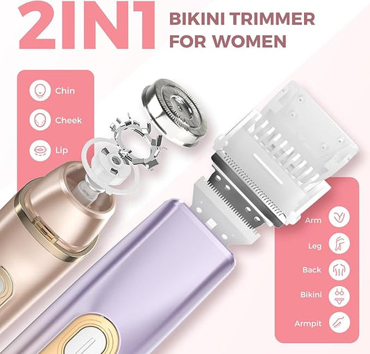 2 in 1 Bikini Trimmer for Women, Dual Head Electric Razor, IPX7 Waterproof Wet/Dry Use Women Electric Shaver, Painless Body Facial Hair Remover for Bikini Legs Arm Underarm, (Lavender)