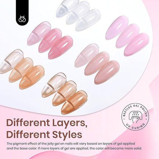 Beetles Jelly Gel Nail Polish Set, 6 Colors Milky White Nude Pink Sheer Brown Gel Polish Kit Nail Concealer Translucent Effect Soak Off Uv French Nail Art Gift for Women Ultimate Monochrome Collection