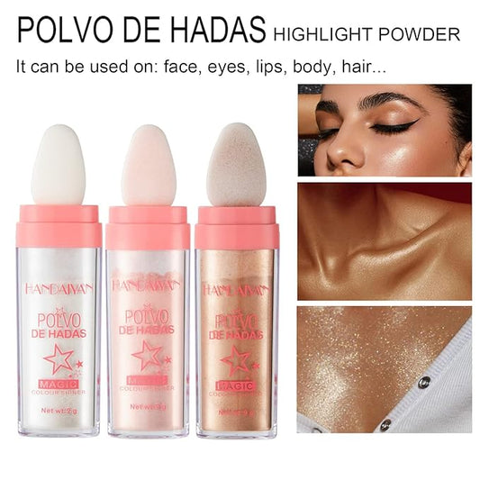 AKARY Body Glitter, Fairy Polvo De Hadas Shimmer Face Highlighter Powder & Blush Stick, Instant Glow Luminizer Duo, Glitter Face Hair High Gloss, Sparkle Smudge-Proof Highlighter Stick Party Makeup (#02 Fairy Pink)
