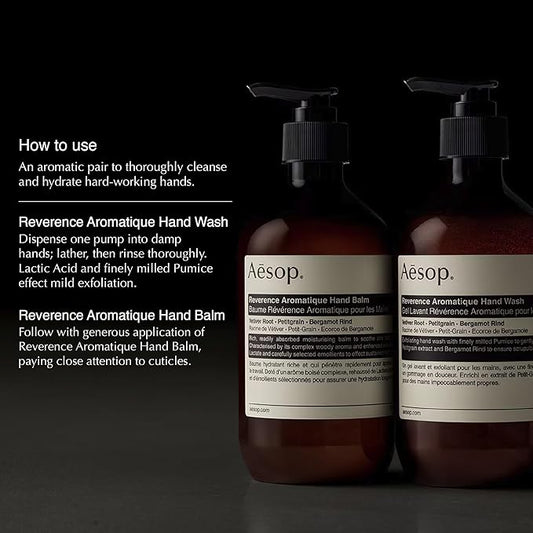 Aesop Reverence Aromatique Duet | Skin Softening Hand Wash & Hand Balm | Woody, Earthy, Smoky | Vetiver Root, Petitgrain, Bergamot Rind | 16.9 oz / 500 mL