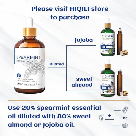 HIQILI 100ML Spearmint Oil for Skin Care, Facial, Can be Added to Lotions, Creams -100% Pure Natural Treatment Grade - 3.38 Fl Oz