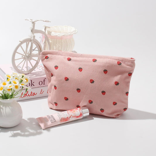 Cosmetic Bags for Women - Corduroy Cosmetic Bag Aesthetic Women Handbags Purses Smile Dots Makeup Organizer Storage Makeup Bag Girls Case Bags (Flowers-Pink strawberry)