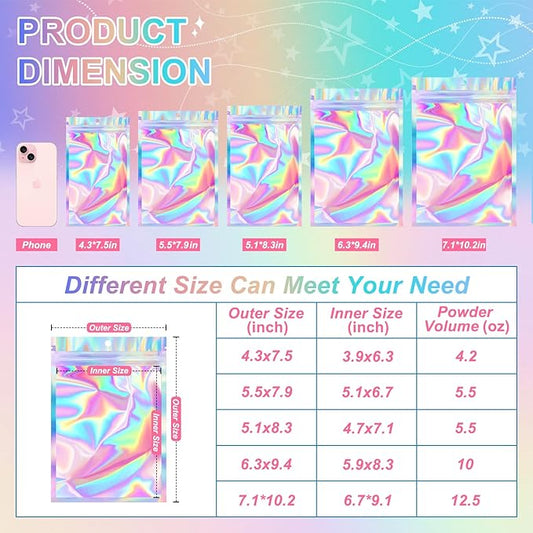 ANZNKU 100 Pack Mylar Bags Reasealable Holographic Bags, Smell Proof Bag Zipper Pouches with Clear Window, Jewelry Candy Sealable Bag for Packaging Sample Party Favor(7.1 x 10.2 Inch)