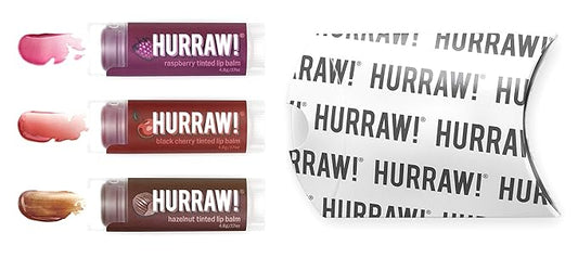 Hurraw! Raspberry Tinted, Black Cherry Tinted, Hazelnut Tinted Lip Balms, 3 Pack Bundle: Organic, Certified Vegan, Cruelty & Gluten Free. Non-GMO, 100% Natural. Bee, Shea, Soy & Palm Free. Made in USA