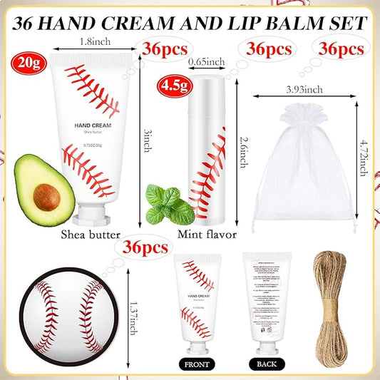 144 Pcs Baseball Lip Balm Hand Cream Set Baseball Party Supply, Include 36 Baseball Lip Balm 36 Moisturizing Hand Cream 36 Baseball Bag 36 Baseball Card and Rope for Baseball Accessories Gifts