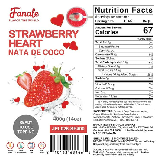 Fanale Coconut Jelly Topping nata de coco for Bubble Tea | Strawberry Heart Jelly Topping for Boba Tea, Smoothies, Slushes, Desserts 400g(Pack of 1)