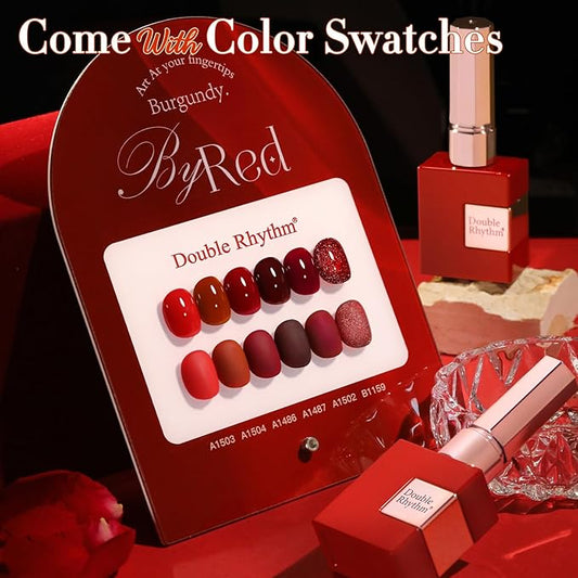 Double Rhythm 6 Pcs 15 ML Gel Polish Set Same Color Same Bottle Soak Off Gel Polish Kit Nail Art Manicure Salon DIY at Home for Women (Glitter Burgundy Dark Cherry Red Maroon-T6-7)