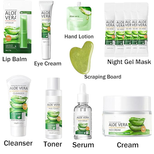 Skin Care Gift Set, 13Pcs Skin Care Set with Massage Board, Aloe Vera Facial Kit for Women, Daily Skin Care Kit for All Skin Types, Skin Care Routine Kit for Women, Face Skin Care Bundle