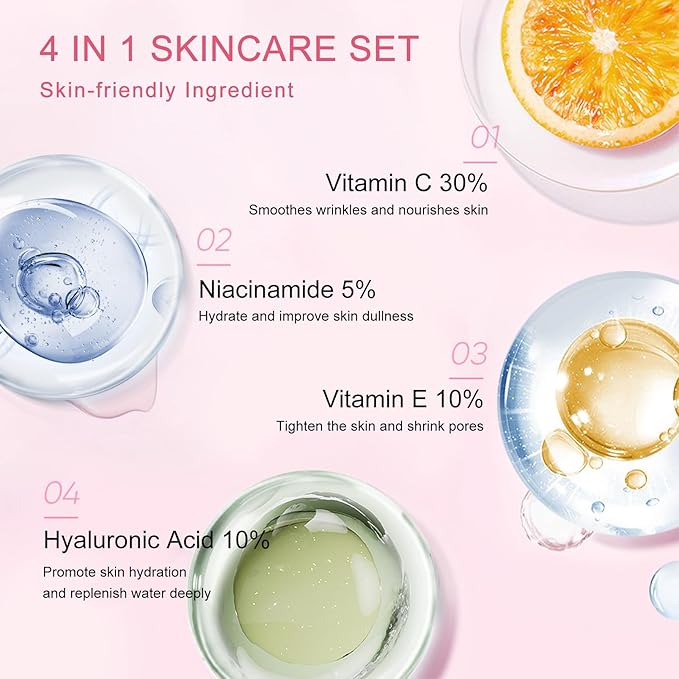 4 IN 1 Face Care Kit, Gifts for Women, Anti Aging Skin Care Set, Reduce Wrinkles with Hyaluronic Acid, Niacinamide, Vitamin C, Vitamin E, Daily Skin Care Routine, Face Skin Care Kit for Women Gift