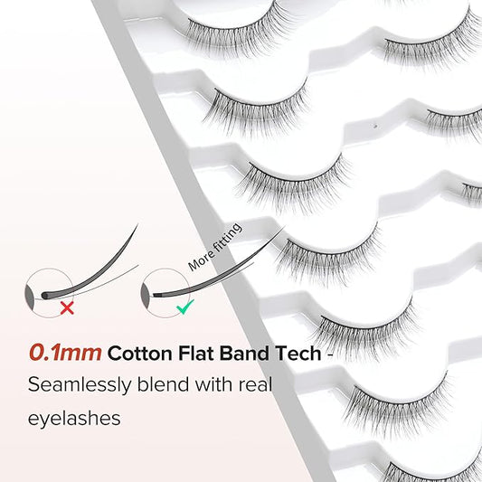 Natural Wispy Cat Eye Lashes - 3D Volume C Curl Eyelashes With Thin Band - 10mm Short Lashes - 7 Pairs