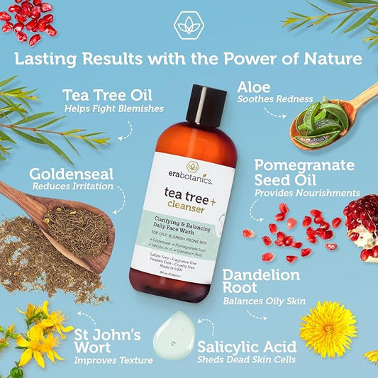 Era Organics Purifying Tea Tree Oil Face Wash - Balancing Cleanser for Oily, Blemish-Prone Skin with Salicylic Acid - Sulfate-Free, Fragrance Free, Made in USA