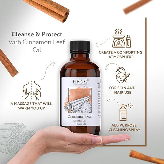 HBNO California Bottled Cinnamon Essential Oil (Leaf) 4 fl oz (120ml) - Natural Cinnamon Essential Oil for Diffuser - Perfect for Cleaning, Aromatherapy, DIY, Soap & Diffuser -