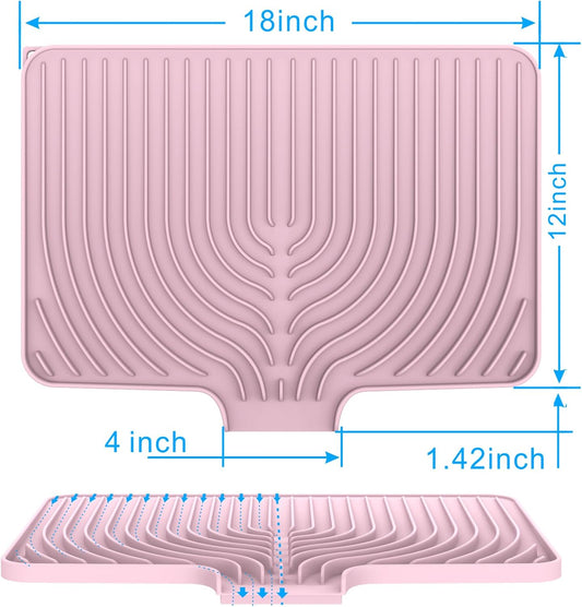 Dish Drying Matt for Kitchen Counter,18"×12"Silicone Dry Rack Mat with Built in Drain, Kitchen Dry Mats for Dishes Drying Pad for Counter(18"×12"Pink)