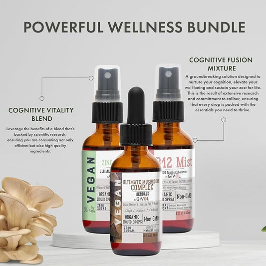 Cognitive Wellness Bundle Liquid Vitamin Trio: Methylcobalamin B12, Lions Mane, Reishi, Chaga Mushroom Complex & Zinc Picolinate: Gluten-Free, Sugar-Free, Non-GMO - 360 Days Supply