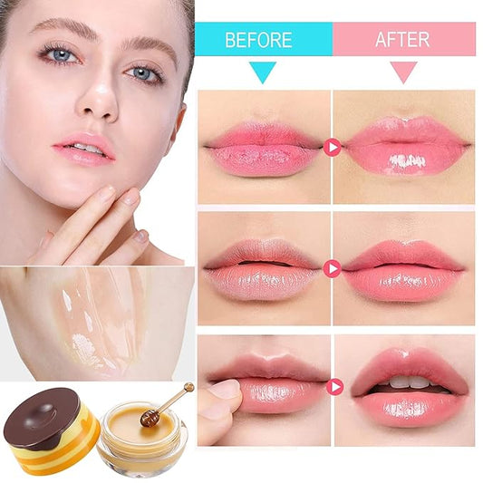 4Pcs Bee Lip Balm Honey Pot, Honey & Strawberry Lip Balm Moisturizing Lip Mask with Stick Hydrating & Prevention Dry and Cracked Lip Scrubs Exfoliator, Lip Sleep Mask Reduces Lip Lines