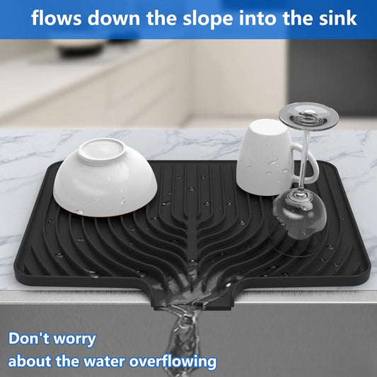 Dish Drying Matt for Kitchen Counter,18"×12"Silicone Dry Rack Mat with Built in Drain, Kitchen Dry Mats for Dishes Drying Pad for Counter(black)