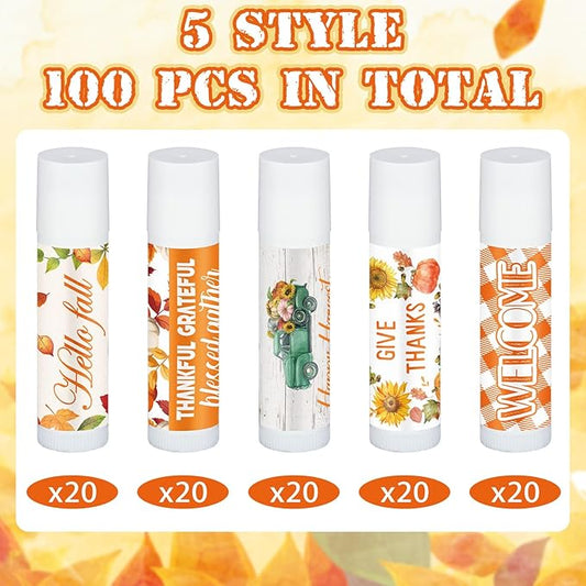 Dunzy 100 Pack Hello Fall Thanksgiving Party Gifts Bulk Lip Balms Favors Employee Appreciation Gifts Thank You Gifts Team Inspirational Gifts for Women Men Coworkers Satff Teachers(Thanksgiving)