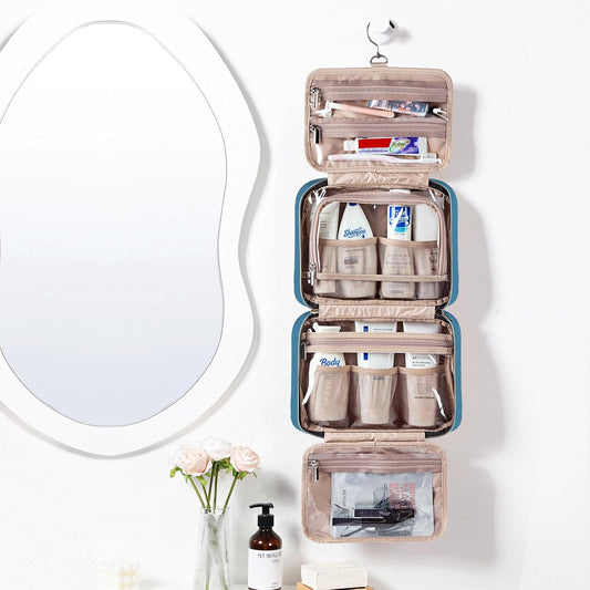 NISHEL Travel Toiletry Bag for women, Portable Hanging Organizer for Full-Sized Shampoo, Conditioner, Brushes Set, Makeup Accessories, Large Size, Lake-Blue