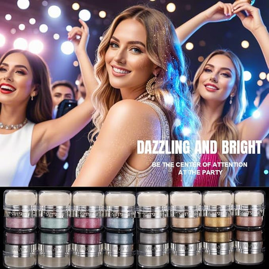 Glitter Body Highlighter Powder Body Shimmer Sparkle Face Brightening Highlighter Powder for Face Eyes Body Glow Makeup With sponge head(04#)