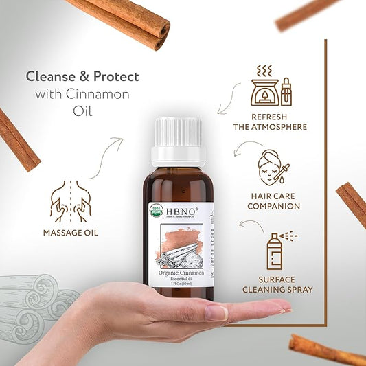 HBNO Organic Cinnamon Leaf Essential Oil - 1 oz (30ml) Travel Size - USDA Certified Organic Cinnamon Essential Oil, Perfect for Aromatherapy, Soap Making, DIY, Fragrances, Diffuser.