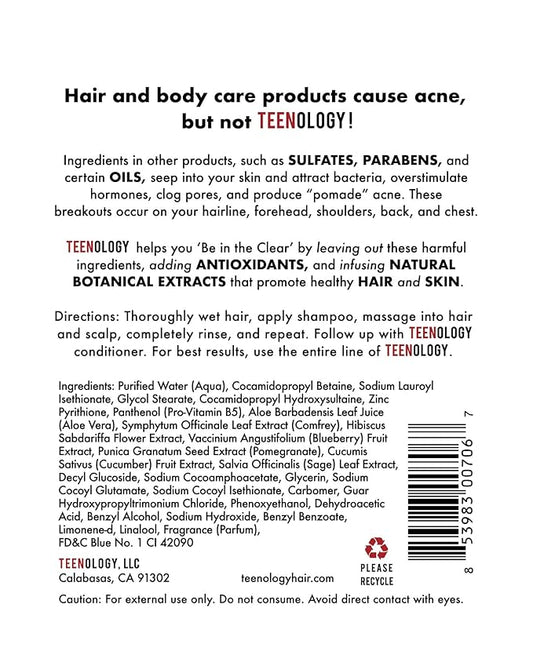 Teenology Shampoo for Teens - Avoid Forehead and Body Breakouts - No Sulfates or Parabens, Noncomedogenic, Natural Botanical Extracts, 16 oz. (Blueberry Pomegranate Cucumber)