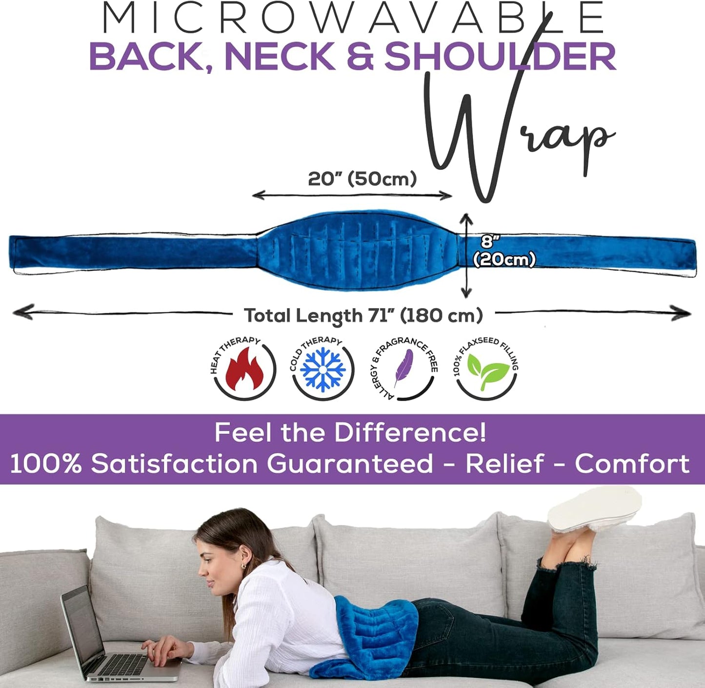 Microwavable Heating Pad for Back Pain Relief – Moist Heat Pack for Neck & Shoulders – Microwave Wheat Bag with Long Ties – Reusable Hot Cold Therapy Wrap for Cramps, Stress & Muscle Relaxation M 71”