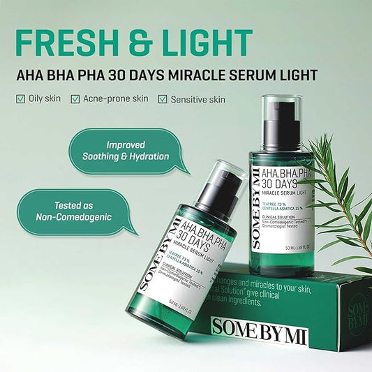 SOME BY MI AHA BHA PHA 30 Days Miracle Serum Light - 1.69oz, 50ml - Daliy Exfoliating Salicylic Acid Serum for Pore and Blackhead Care - Centella & Niacinamide for Skin Soothing - Korean Skin Care