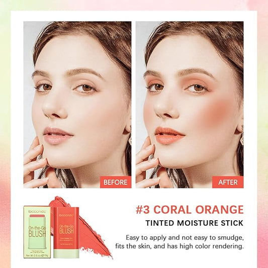 MEICOLY Multi Use Makeup Blush Stick,On-the-Go 2-in-1 Lip Cheek Cream Blush Stick,Waterproof Solid Face Blush Makeup Cheek Tint,Natural Matte Blush Stick for Cheeks,Tinted Moisture Stick,03 Orange